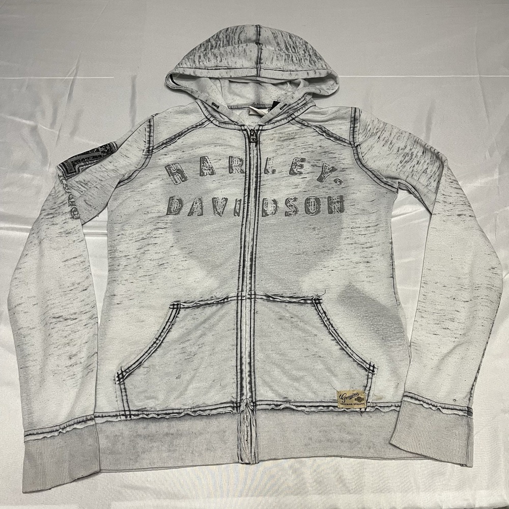 Harley-Davidson Hoodie Sweatshirt Womens M Full Zip Embroidered Acid Wash Gray